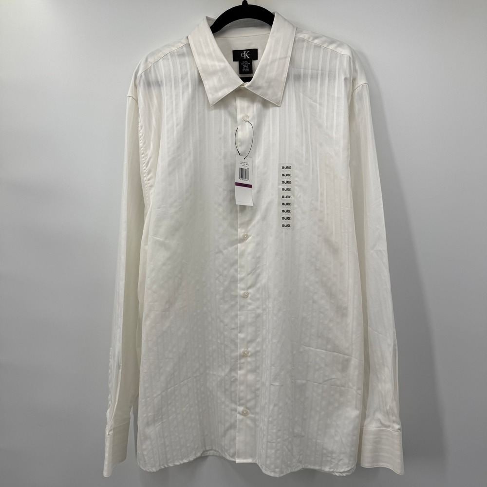 Calvin Klein Mens Size 2XL Button Down Shirt White Stripe Cotton Long Sleeve New